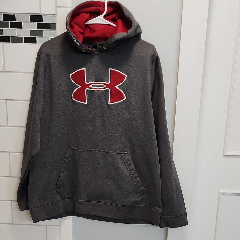 Under Armour Men’s Charcoal Gray Crewneck Hoodie with Red Logo